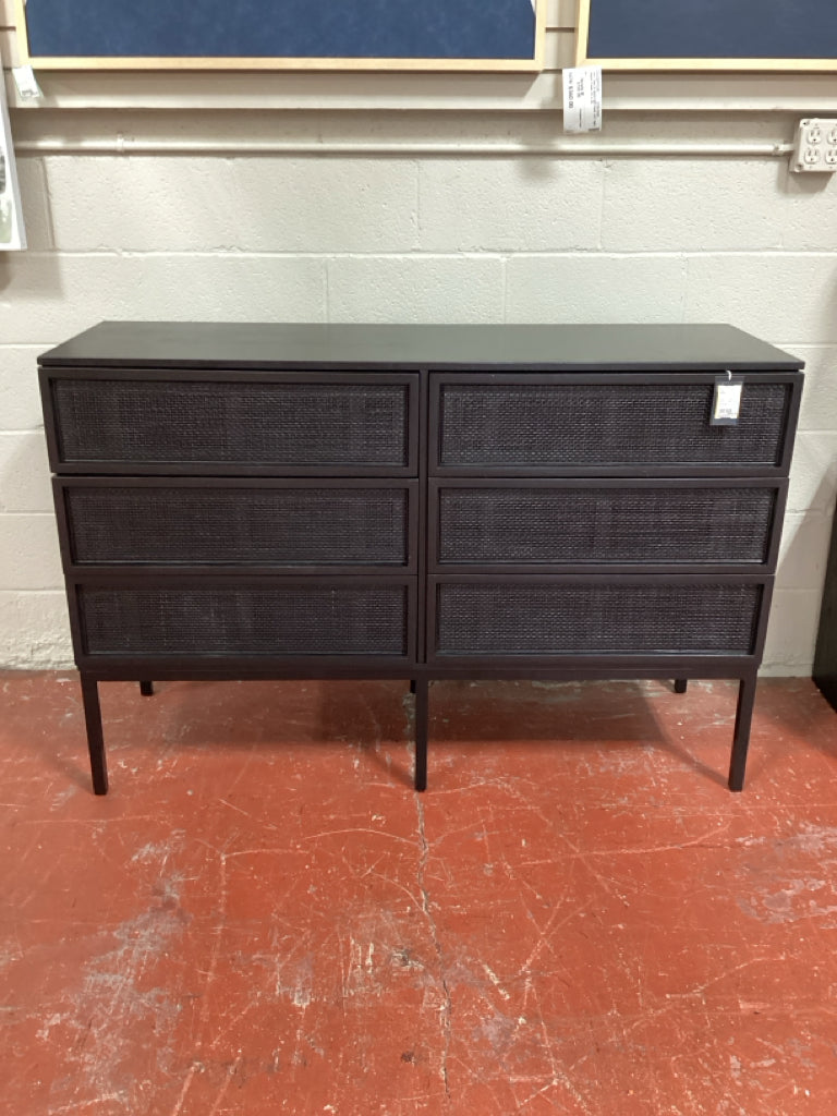 Zadie 6 Drawer Rattan Dresser Black Body/legs 54"x18"x36" as found Zadie 6 Drawer Rattan Dresser Black Body/legs 54"x18"x36" as found