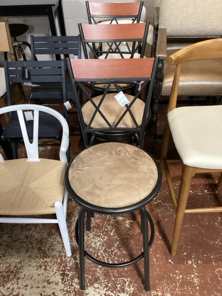 Bar Stool / black iron swivel / tan suede seat SET of 3