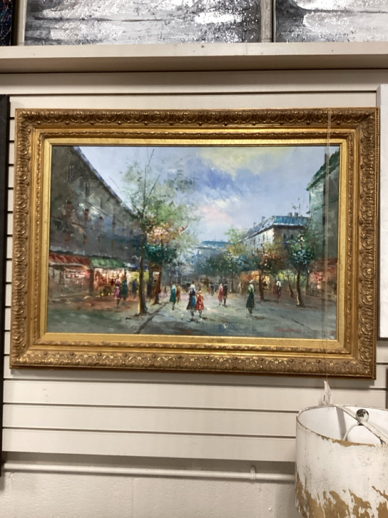 Ornate Gold Framed European Street Scene City Scape Oil Painting 32' X 44"
