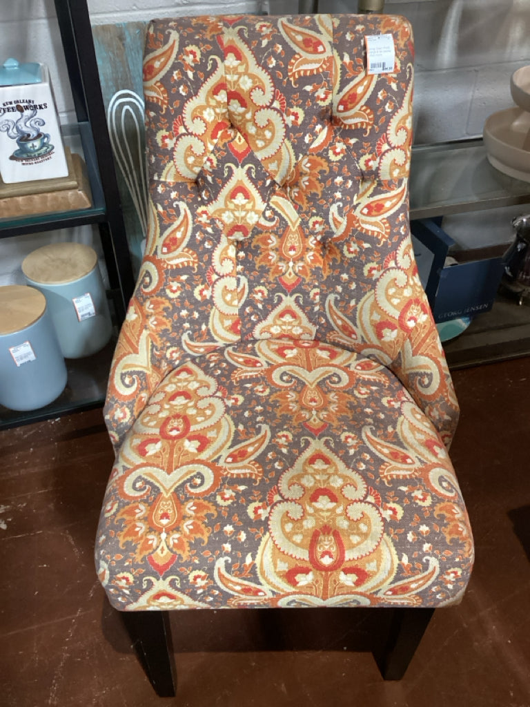 Dining Chair / PAIR orange & tan paisley tufted chairs