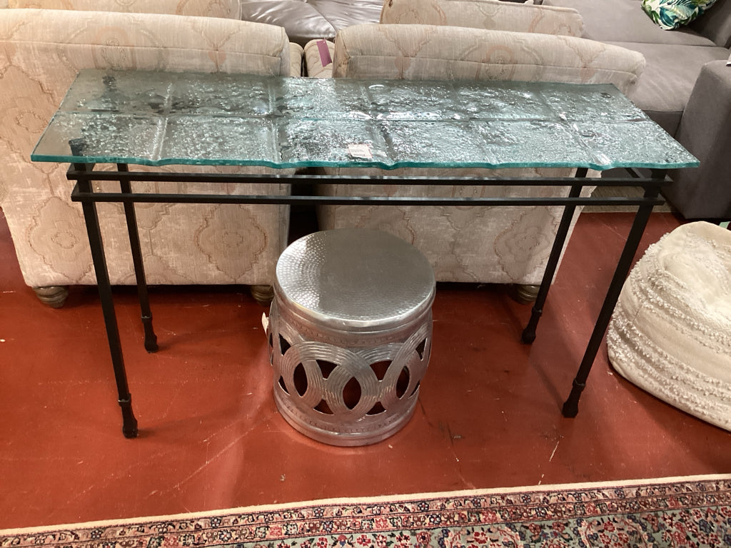 Console Table Hand Welled iron and steel base withThick Bubble Glass 48x16