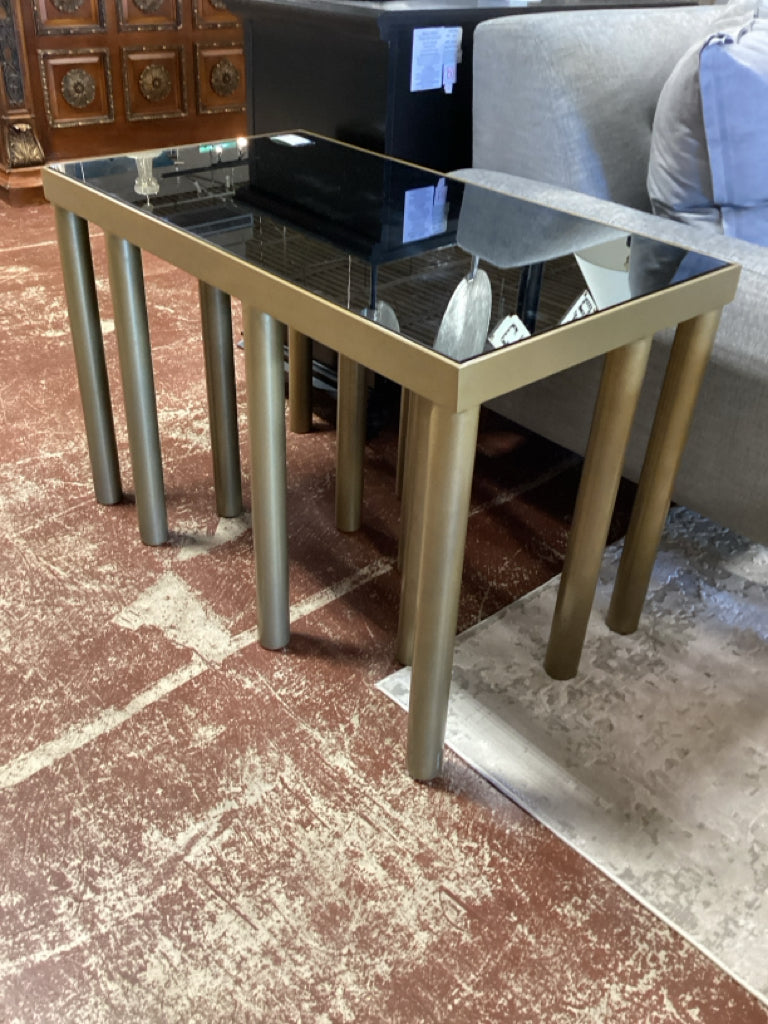 GREY Furniture stilt Table / Gold steel base / black glass top 36 x 20 x 24 high