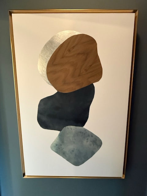 Brown Blue Green Round Abstract  Shape, Gold Frame 32x46