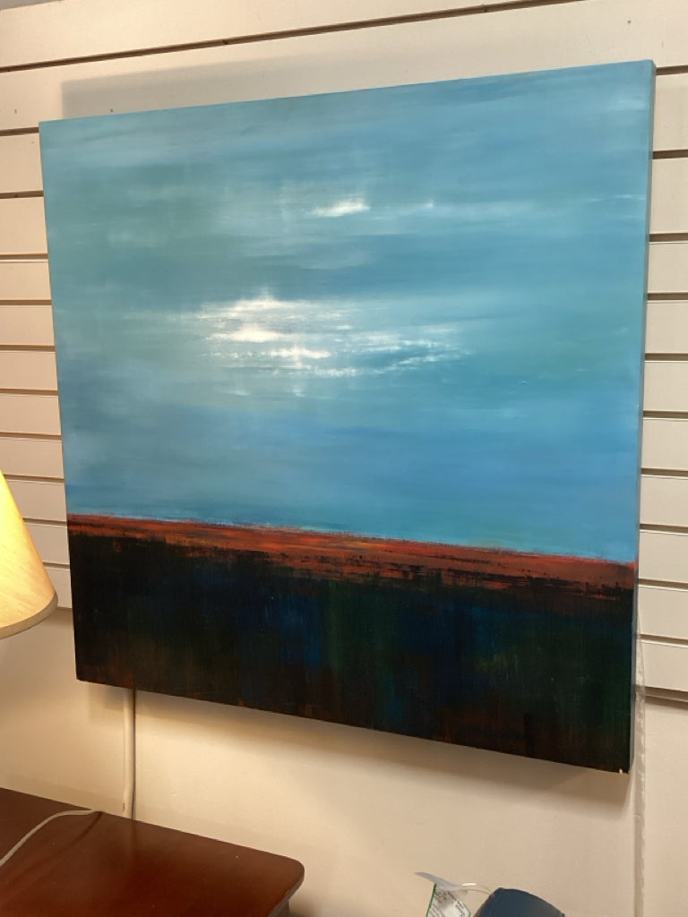 Art/ "Red Horizon" painting on wood by Dixie Purvis / 36 x 36