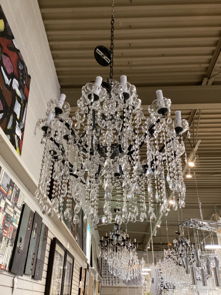 BLACK IRON AND CRYSTAL 3 TIERED CHANDELIER - 18 40 WATT BULBS - 36"H X 31"W