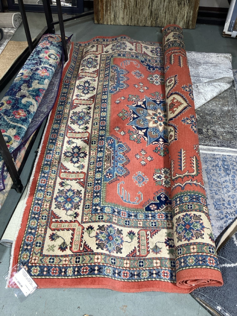 Pakistan Kazak tribal Rug / hand knotted wool / rust, blue, cream 9 x 12