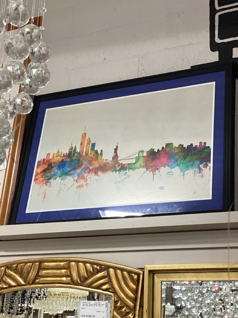 Art/ colorful abstract N Y skyline / black frame43 x 31 AS FOUND