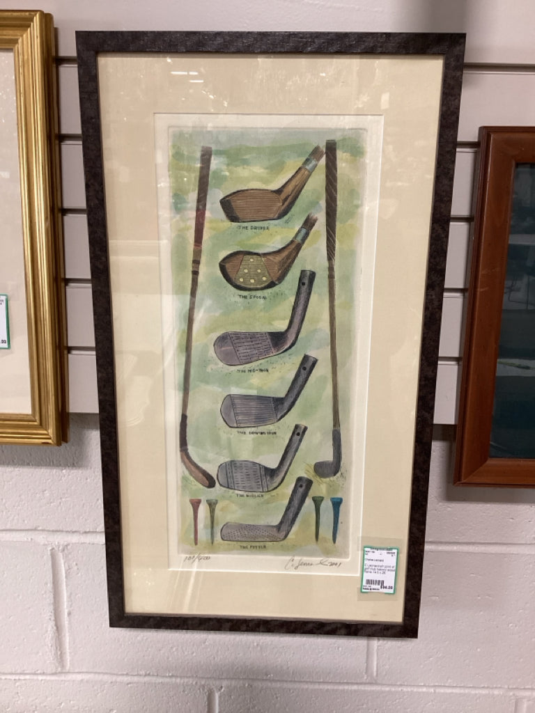 C Leonard s/n print of golf club history/ wood frame 14.5 x 26