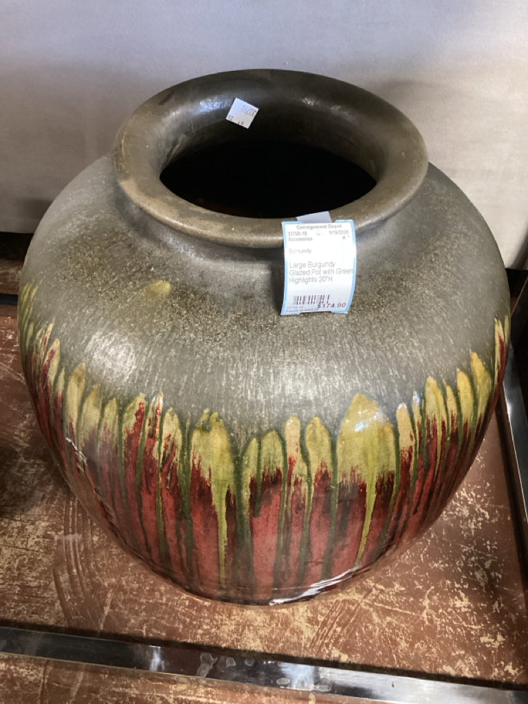 Large Burgundy Glazed Pot with Green Highlights 20"H