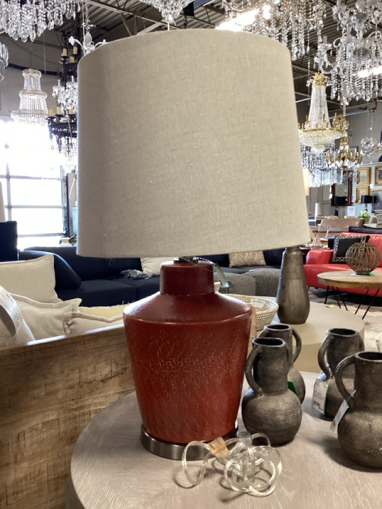 PAIR Uttermost Cornell rick red table lamp / beige shade