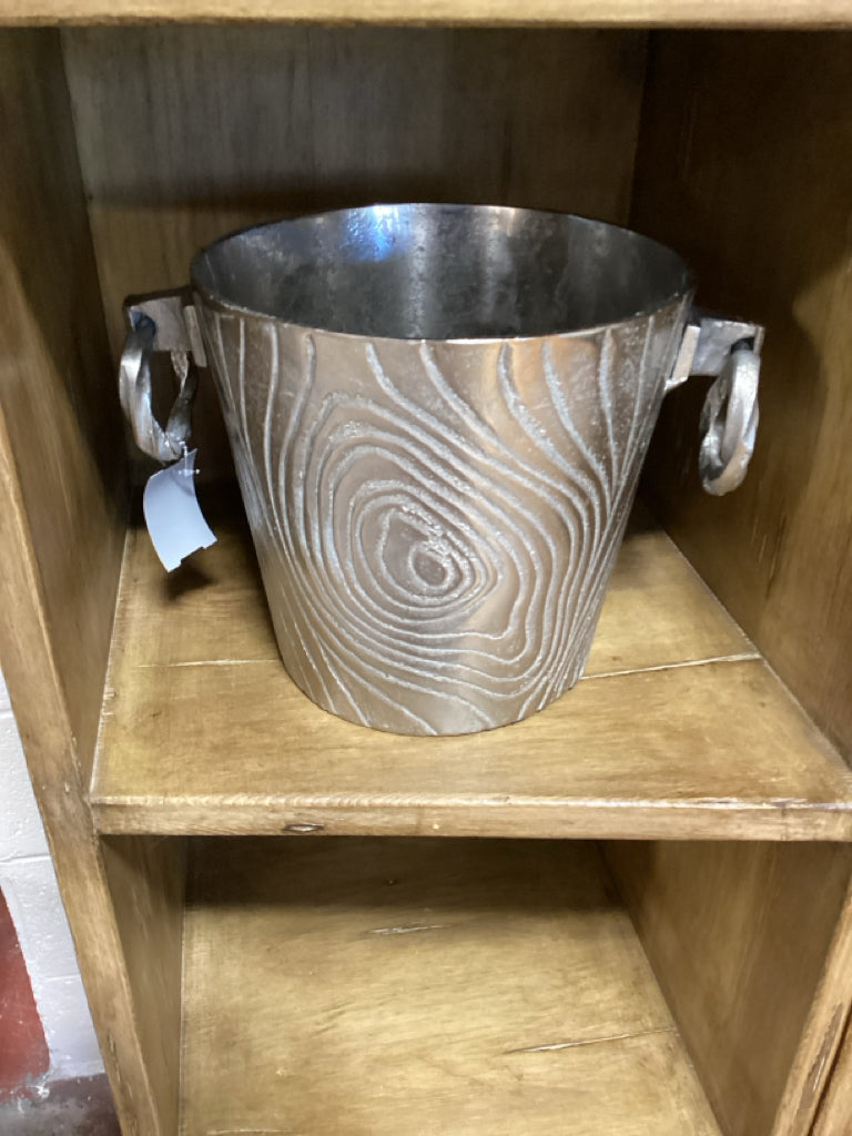 Vintage Faux Bois Wood-Grained Textured Silver Ice Bucket w/ Handles 9"D x 8.75"