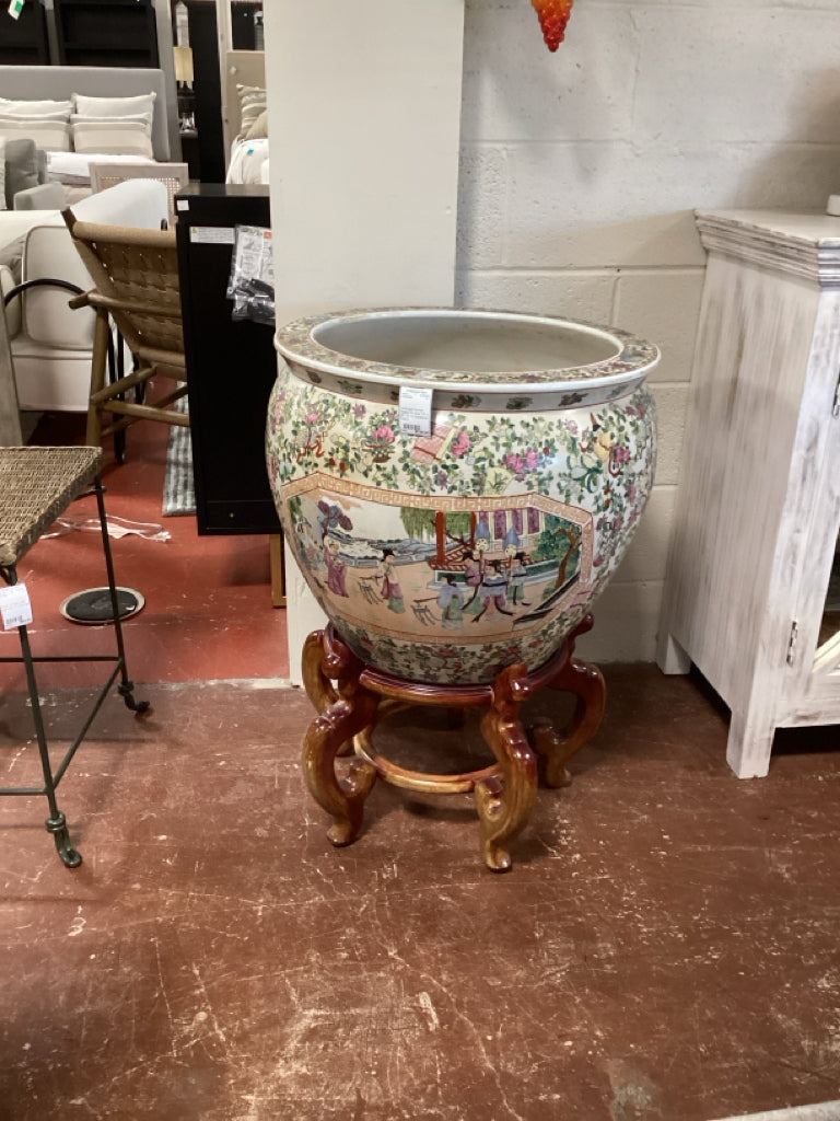 Chi9nese Famille Rose Fish Bowl 19" X 20 1/2" on Hardwood Stand