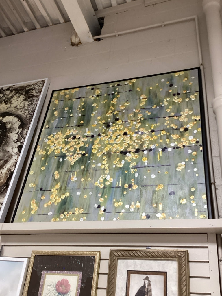Large Black Framed Abstract Textured Gold, Ivory and Charcoal Accents Art 49" X