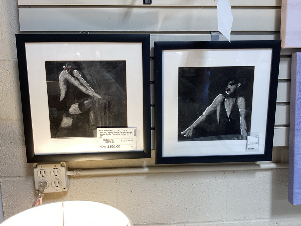 Pair of Original Lance Carlson Signed Mixed Media Figurative Artwork 15" x 15"