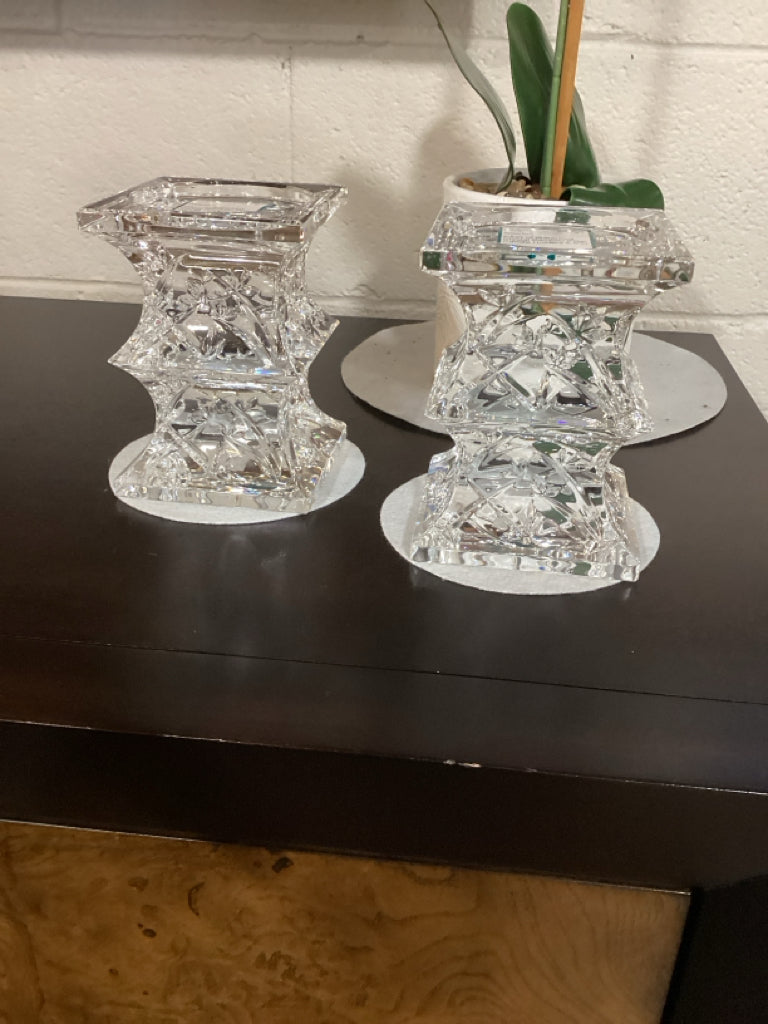 PAIR of Waterford Crystal Bamboo Pillar Candle Holders 5.5"H