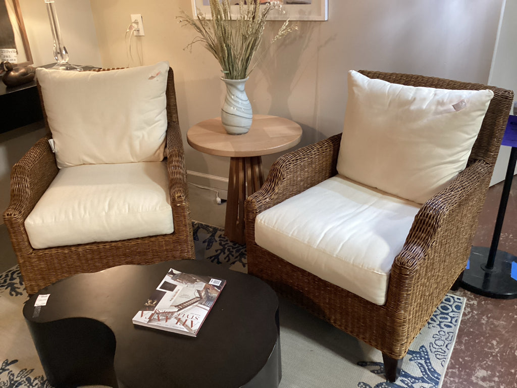 Pottery Barn Woven wicker arm chairs w/ cushions PAIR