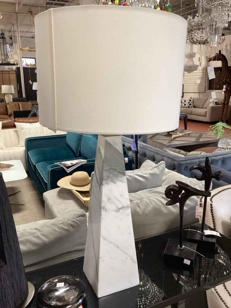 Interlude White Marble & Brass Geometric Pyramid Shaped Base Table Lamp