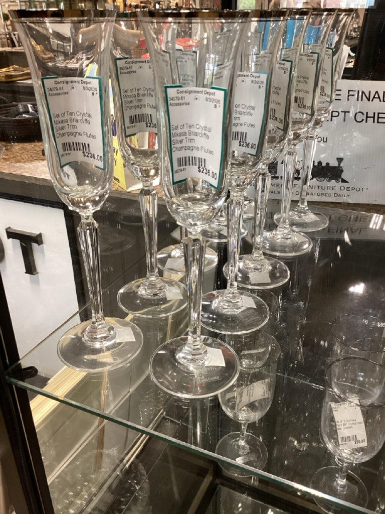 Set of Ten Crystal Mikasa Briarcliffe Silver Trim Champagne Flutes