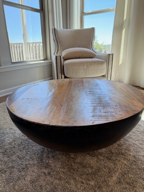 Bowl Coffee Table w/ Metal Drum Base & Wood Top 36x15