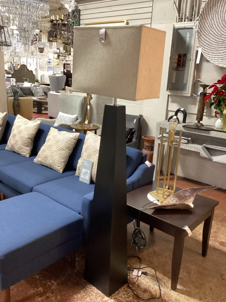 Floor lamp / espresso column / beige rect shade 66" high