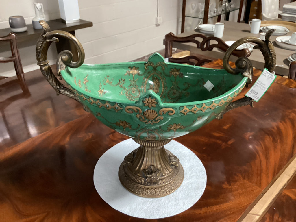 French porcelain green urn with brass accents / 18 x 8 x 13 high