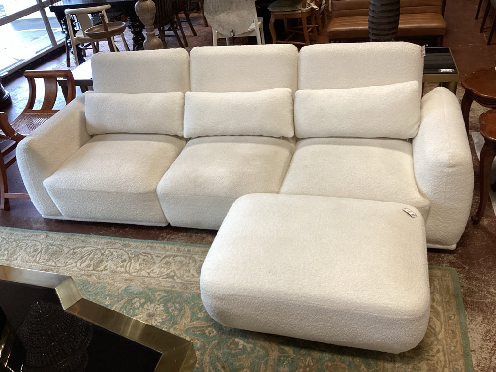 Contemporary Ivory Boucle Modular Teddy Wool Sofa with Matching Ottoman 100" X 3