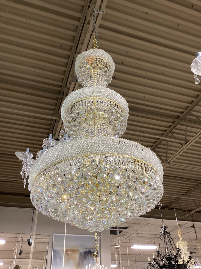 3Tiered  Crystal & Gold Chandelier - 48"H x 27"W