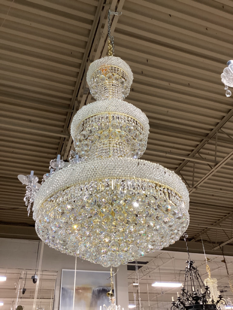 3Tiered Crystal & Gold Chandelier - 48"H x 27"W