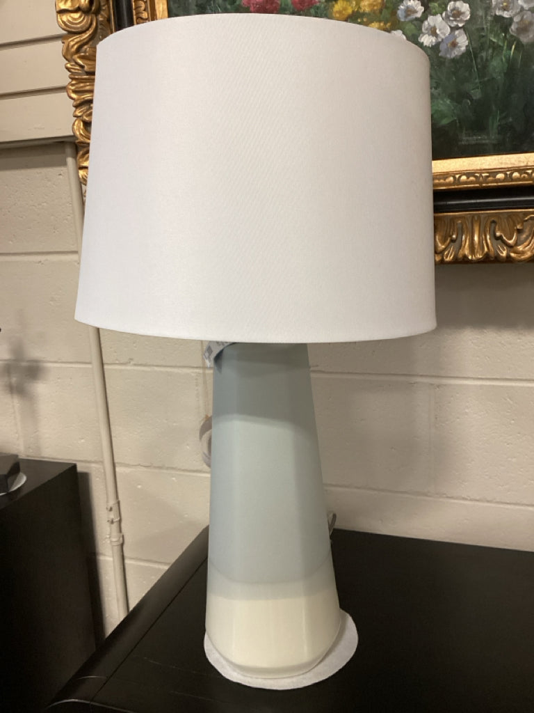 PAIR ceramic table lamps / blue & cream / white shades 26"