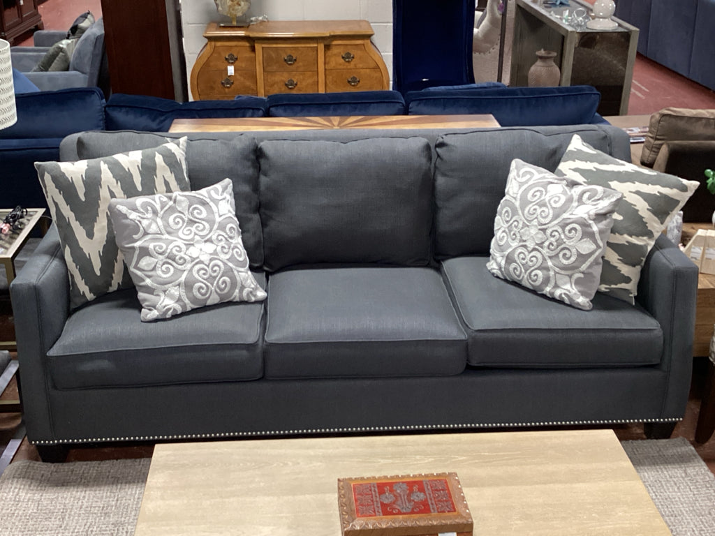 Custom Style Grey Bluish 3-Cushion Sofa with Nailhead Trim 4-Cushions