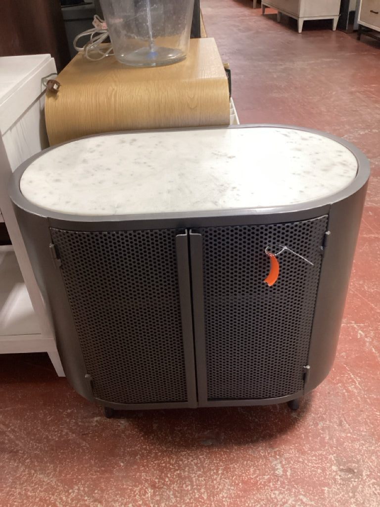 Four Hands Libby oval metal Cabinet / white marble top 27 x 16 x 24.5 high