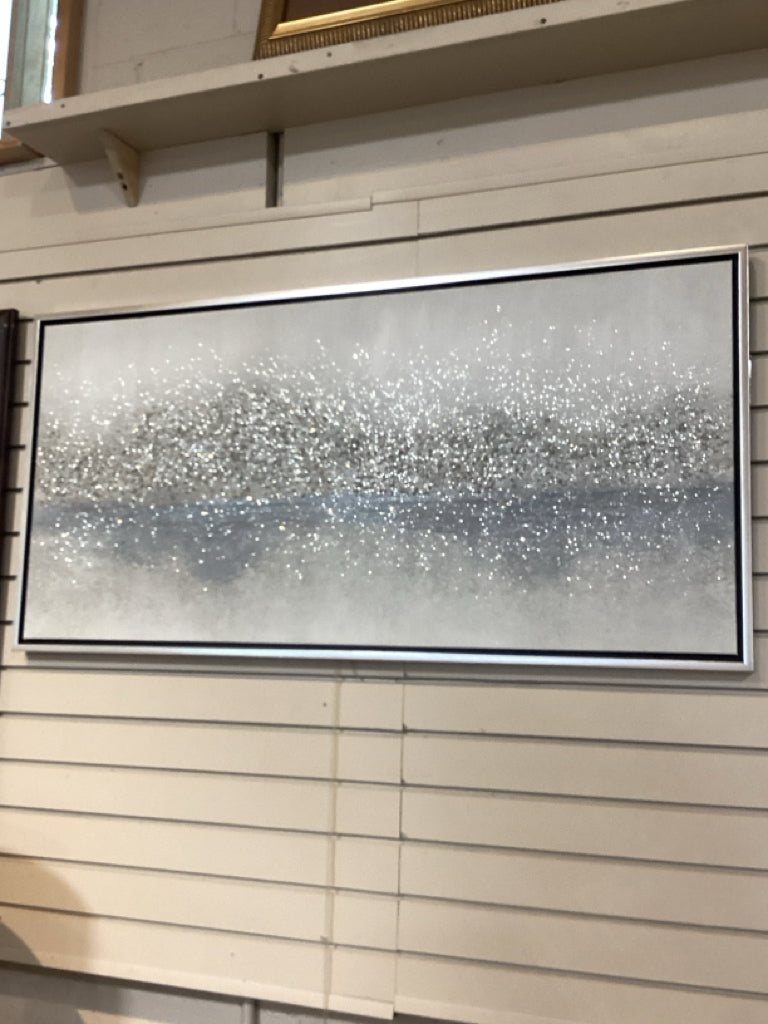Contemporary Silver Textured Abstract Metallic Finish Silver Framed