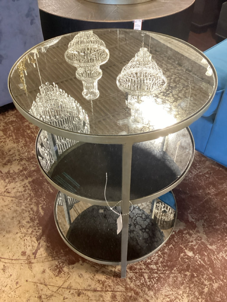 Percy Round 3 Tier Antique Brass Mirrored Side Table 18" X 24"