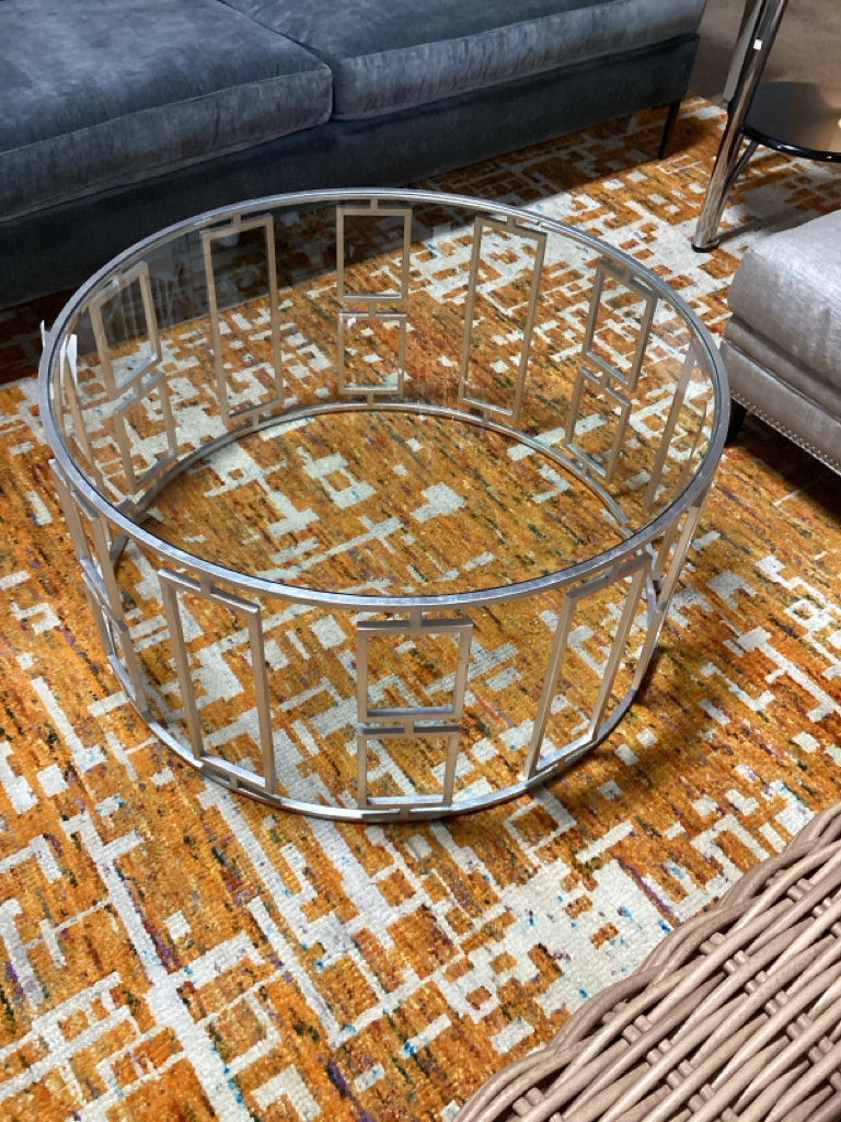 Round Glass Top w/ Metal Geometric Base Coffee Table 36"D x 18"H
