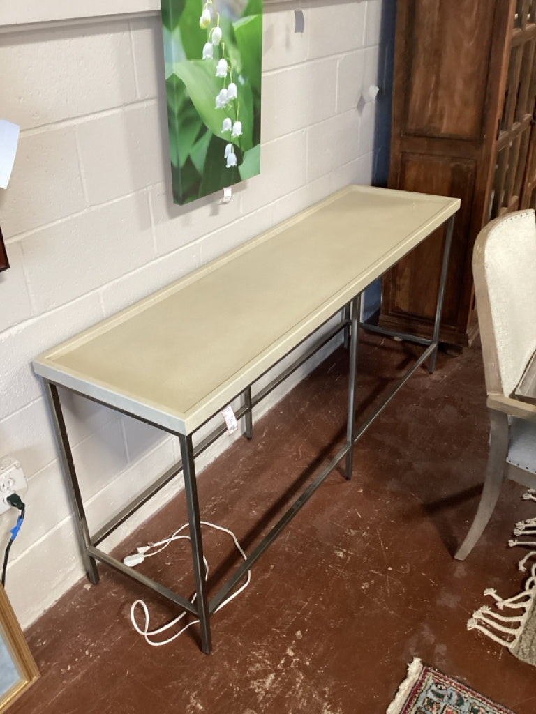 Bernhardt Console / cream shagreen / metal base 64 x 18 x 30.5 AS IS