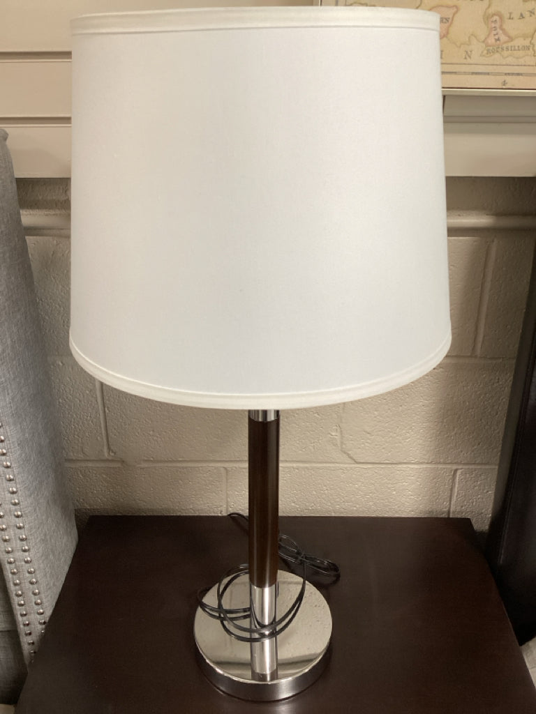 Lamp / chrome & wood / cream shade 31" tall
