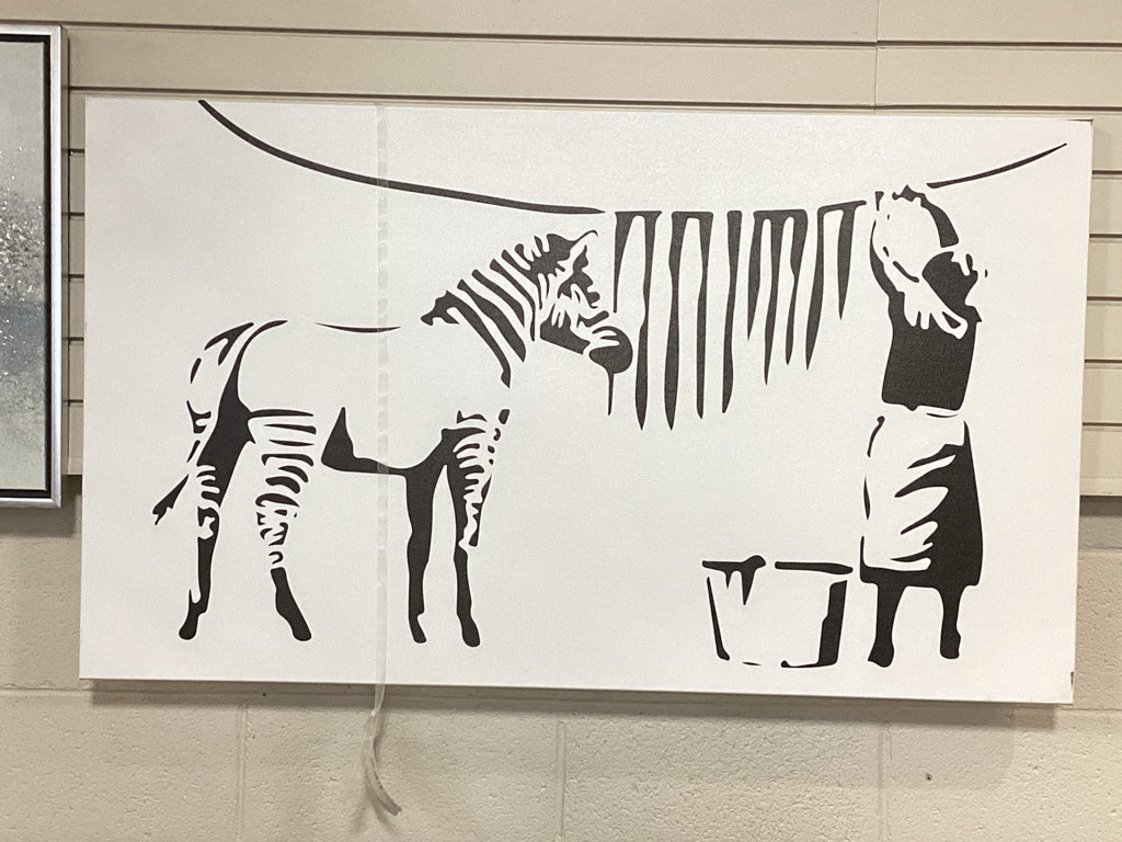 Contemporary Banksy Style Black/White Zebra Art on Canvas 47" X 38"