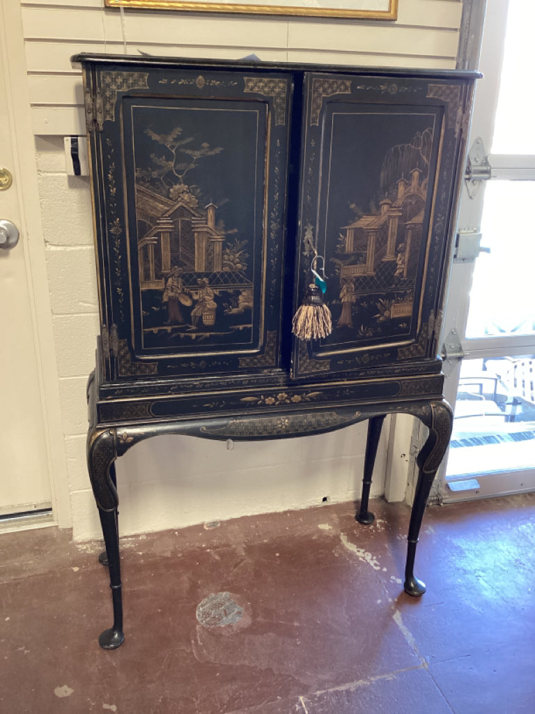 Antique Black and Gold Two Piece Chinoiserie Cabinet - 59"H x 39"W x 16.5"D