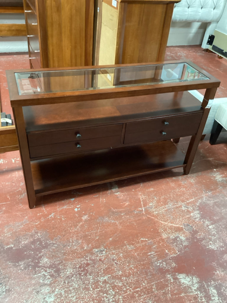Traditional Wood & Glass Rich Cherry Finish Sofa Table/Console Table with 2 Dra