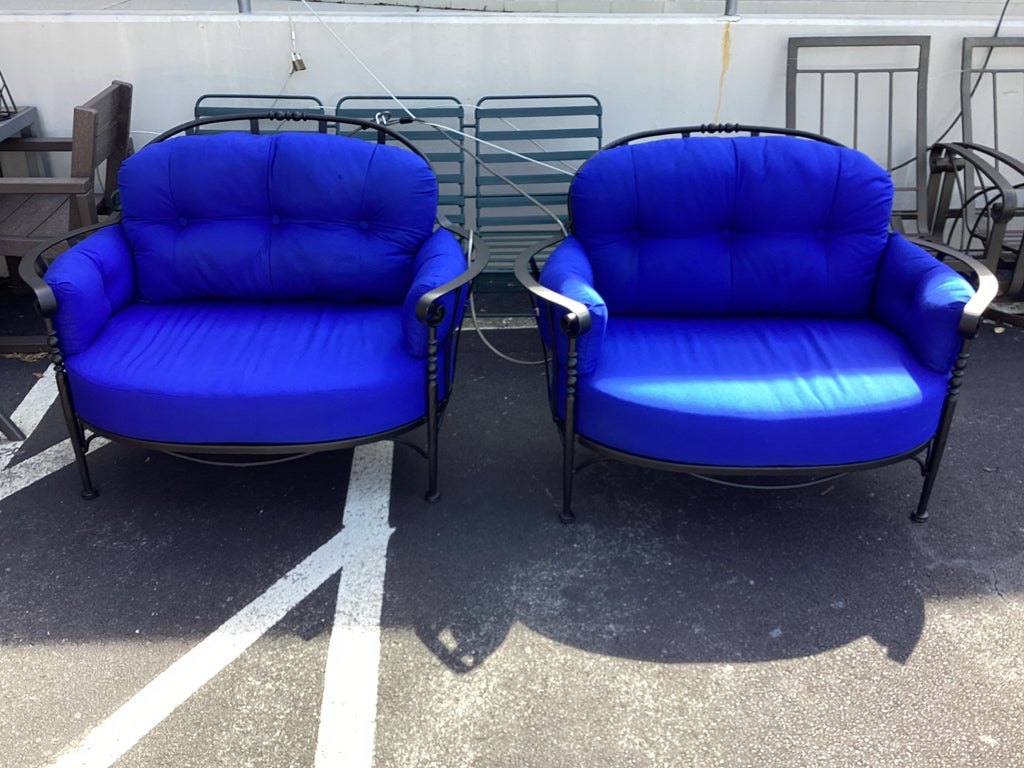 Meadowcraft Outdoor Cuddle Chair/ black iron / blue cushions PAIR