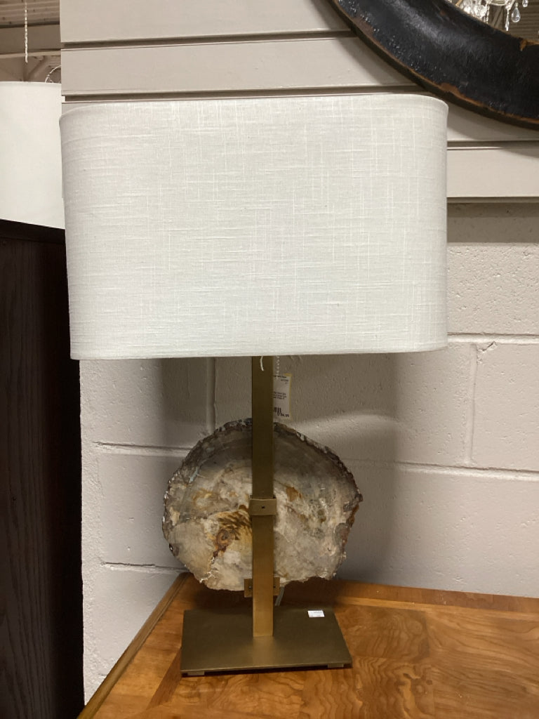 Natural Petrified Wood Slice Natural Stone on Brass-Tone Base with Linen Shade