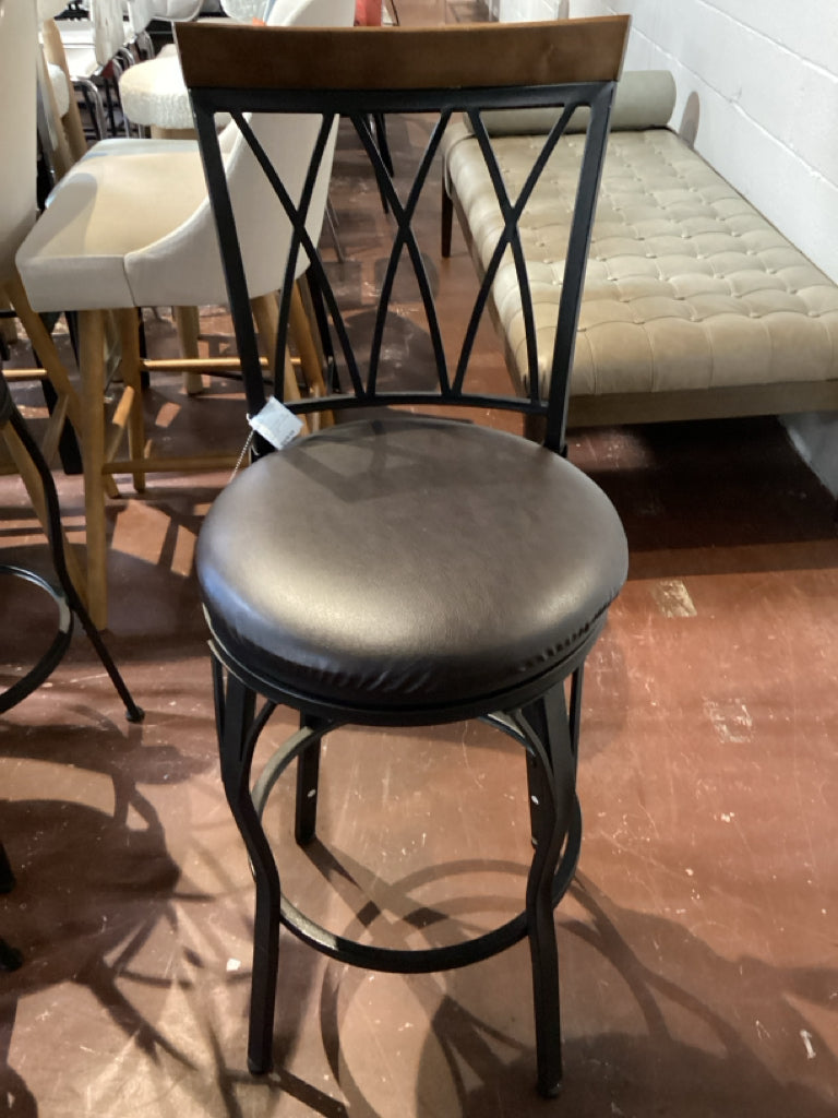 SET of 3 Metal Bar Stools Swivel Leather Seats 29"