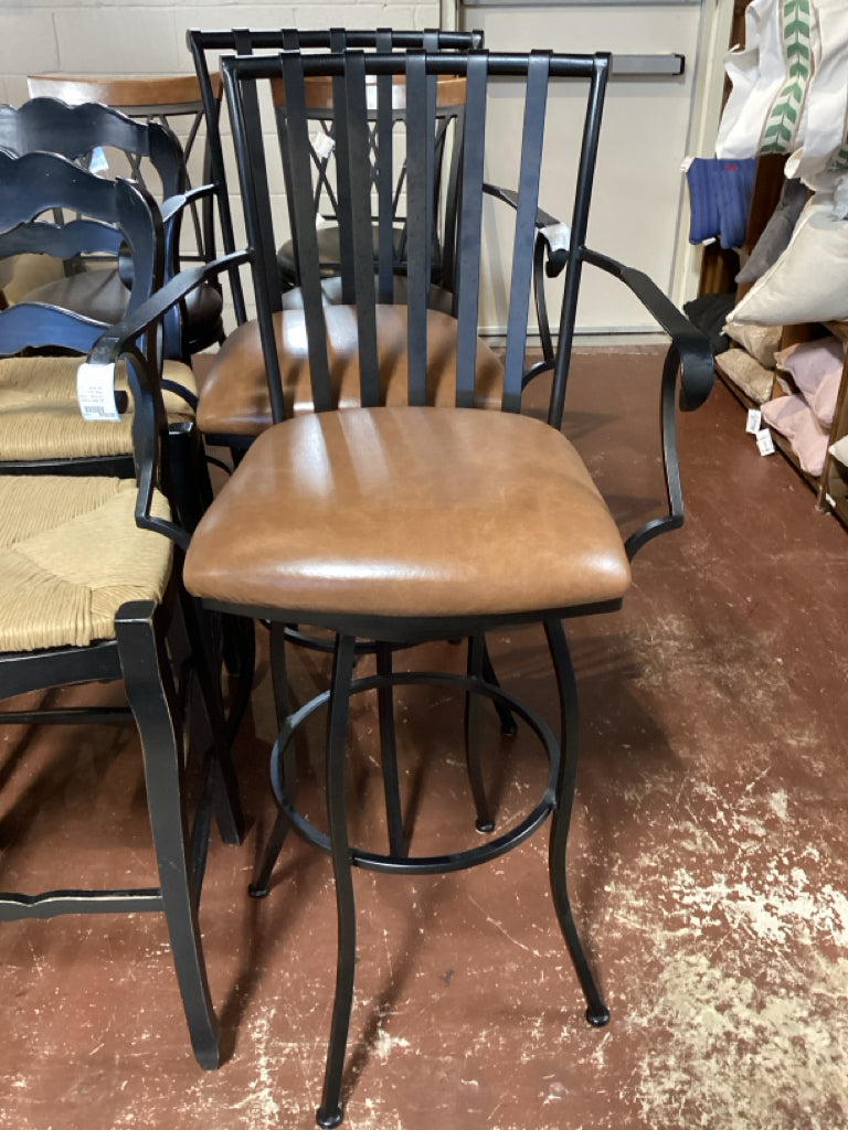 Pair - Swivel Bar Stools with Black Metal Frame with Leather Seat 32"