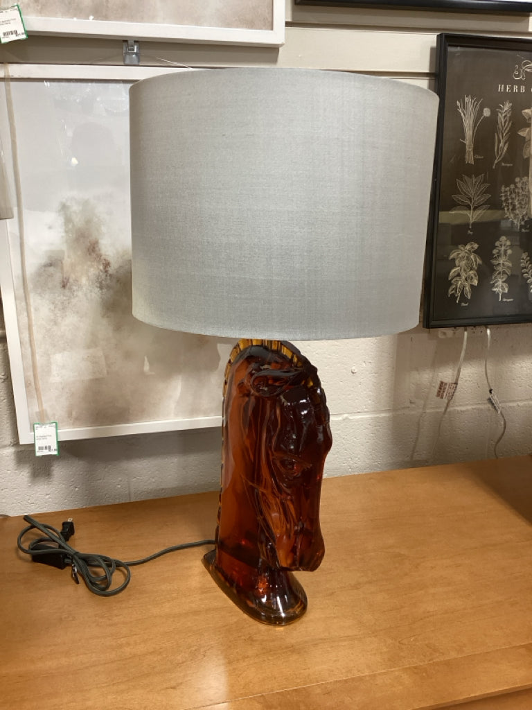 Pooky Whinny Table Lamp in Amber Resin w/ 14" Drum Shade in Pewter Dupion Silk 2