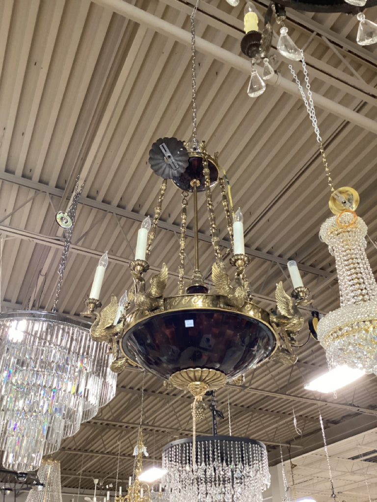 Maitland Smith empire style 8 light brass swan chandelier 25w x 37 hi