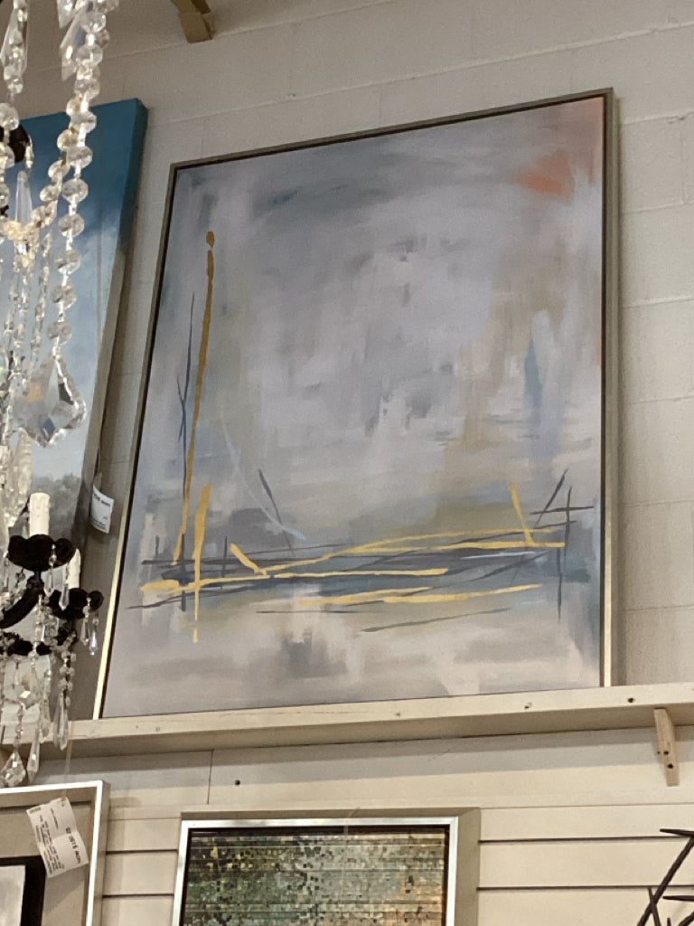 Large Abstract Contemporary Abstract Canvas Art 27" x 49" Blue, Gray and Blush T
