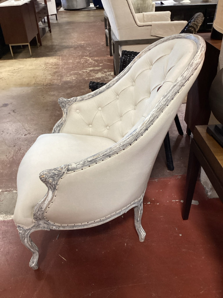 French Provincial Tufted Bergere Accent Chair |Distressed Whitewash