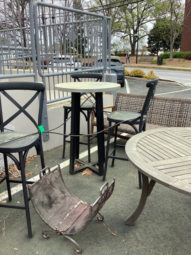 Round high top outdoor table with blk base, 30x42 with 2 blk Pottery Barn high b