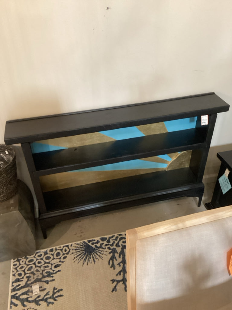Bookcase/ black"sunrise" blue & gold 2 shelf console 51 x 8 x 34 high