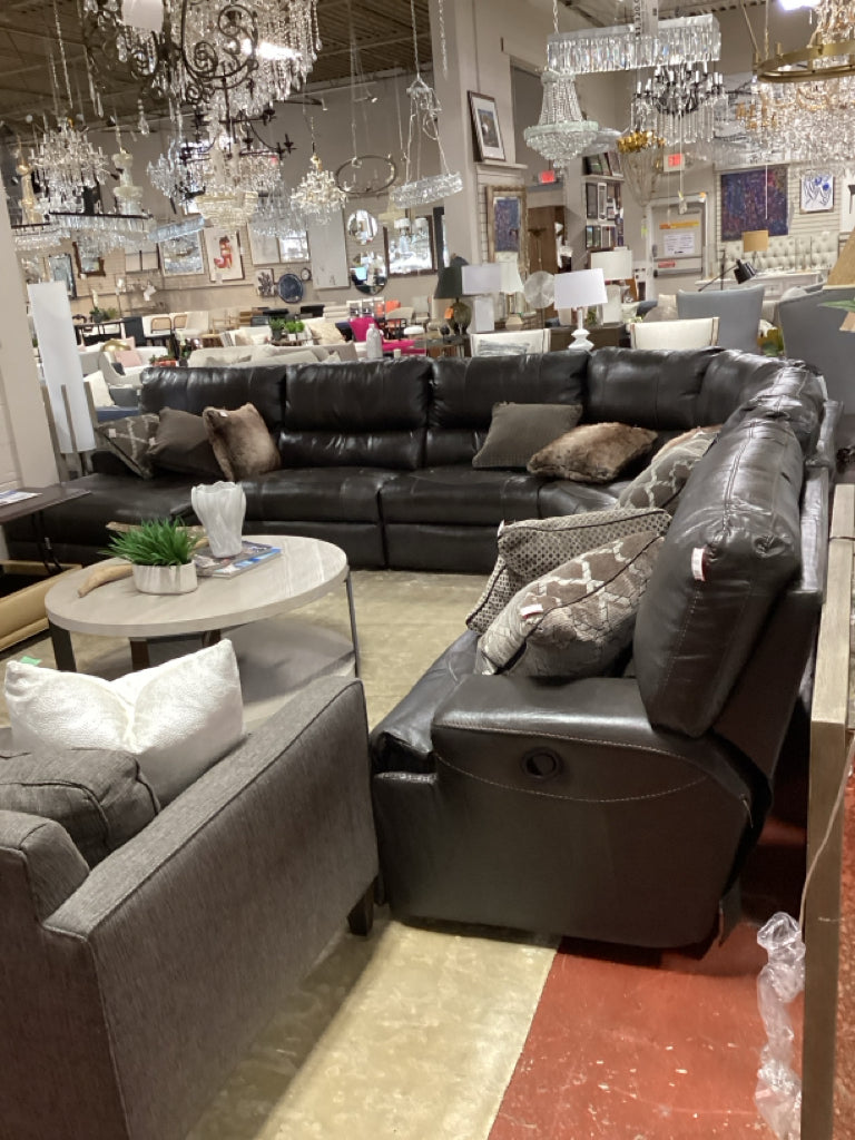 Leather Modular 7 Piece Reclining Sectional 151"W x 170"D x 42"H - 9 Pillows